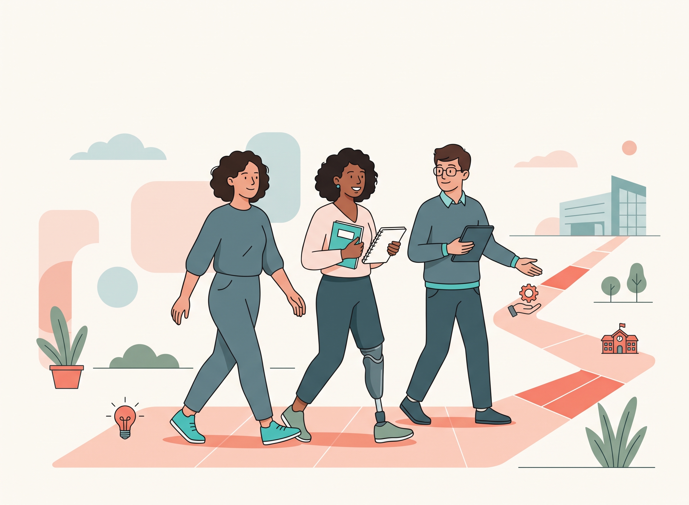 Ilustración editorial de tres jóvenes caminando por un sendero hacia una escuela: dos mujeres, una con prótesis en la pierna, y un hombre con una tableta. Fondo minimalista en tonos coral y azul.
