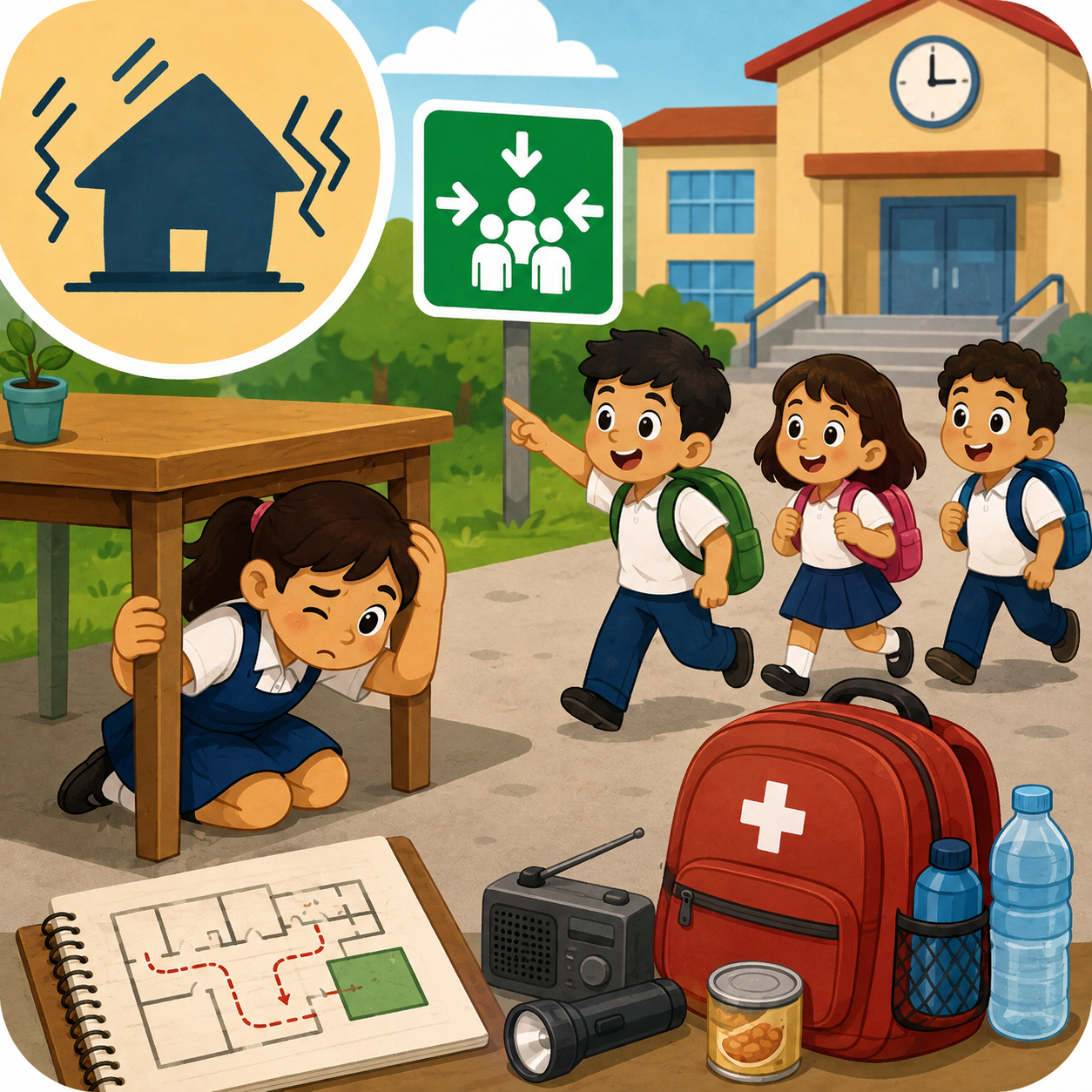  Niños resguardándose en un temblor