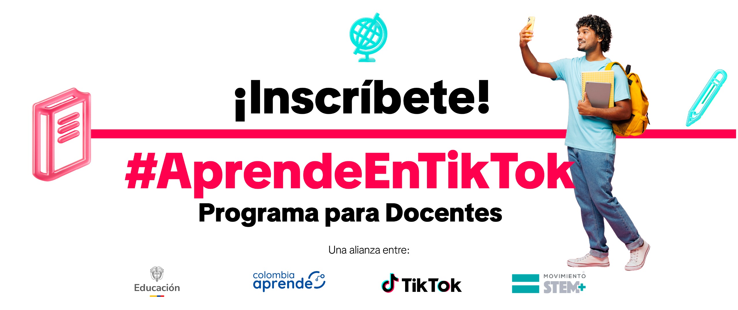 Banner promocional del programa “#AprendeEnTikTok” para docentes, con el mensaje “¡Inscríbete!”
