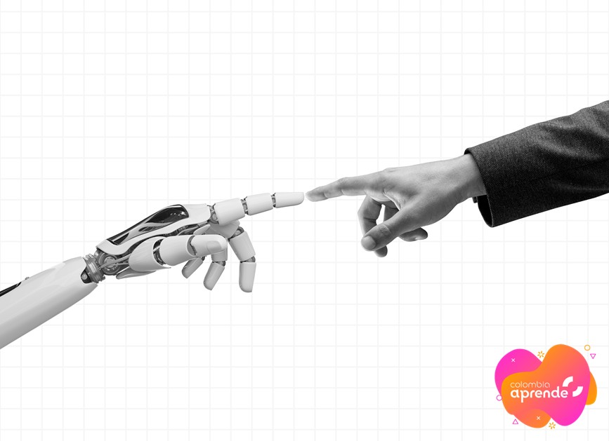 Robot y hombre intentando tocarse con el dedo indice