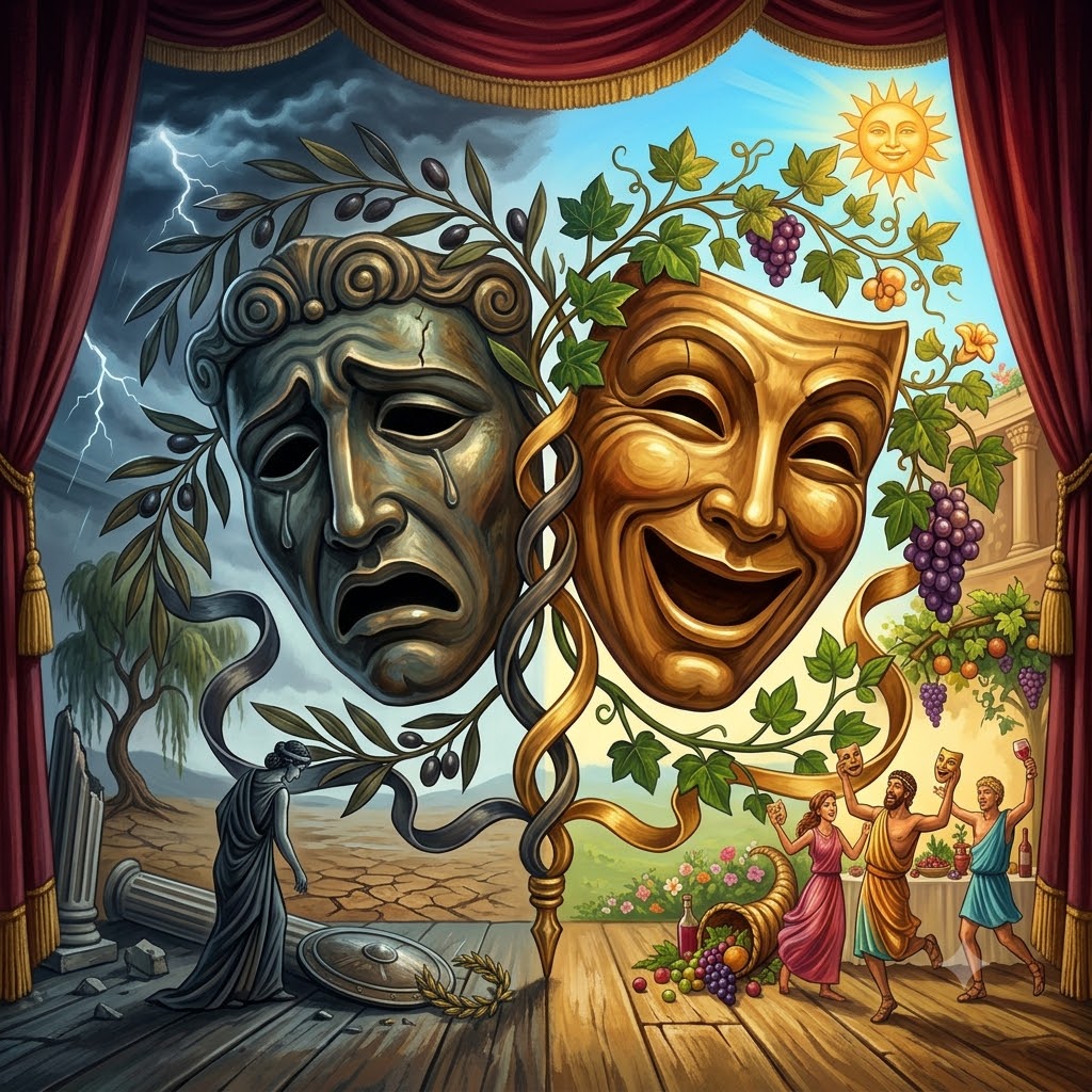 Escenario teatral dividido. Izquierda (Tragedia): ambiente oscuro, tormenta, ruinas, figura triste y una gran máscara gris llorando. Derecha (Comedia): ambiente cálido, sol, enredaderas, personas celebrando y gran máscara dorada sonriente. Representa el género dramático.