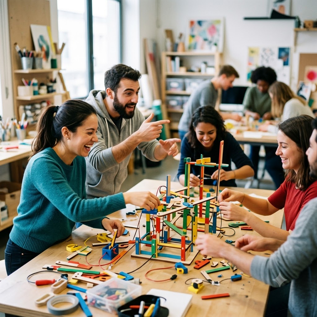 Fotografía cuadrada de un taller creativo: seis jóvenes colaboran animadamente armando una estructura compleja de madera colorida y cables sobre una mesa. Un hombre señala entusiasmado mientras otros ríen y ensamblan piezas. El fondo es un estudio luminoso con estantes de arte y materiales.