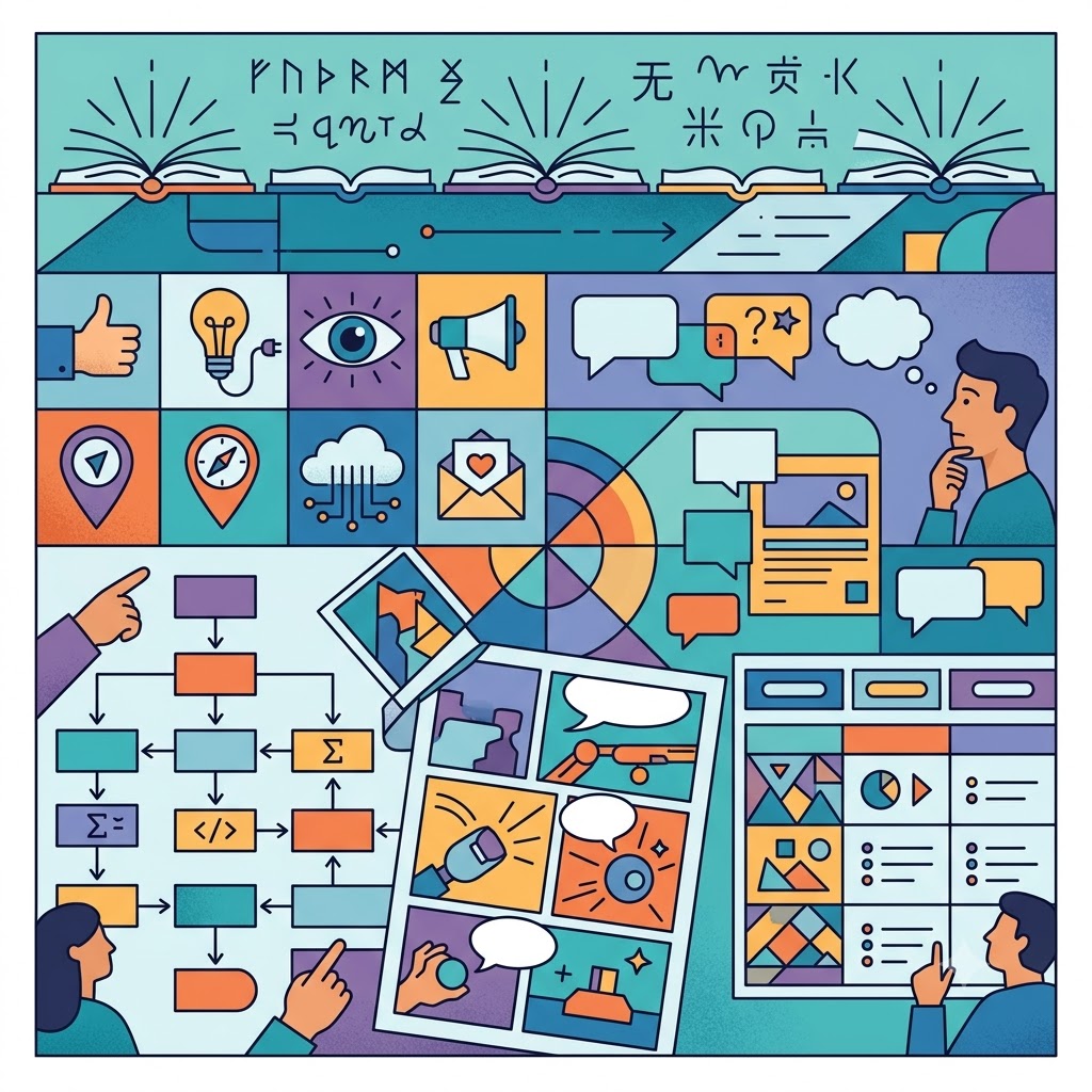 Ilustración cuadrada estilo plano sobre comunicación visual. Dividida en paneles, muestra: libros con símbolos, íconos diversos (bombilla, chat, ojo), un hombre pensando, un diagrama de flujo, una tira cómica y personas analizando gráficos de datos.