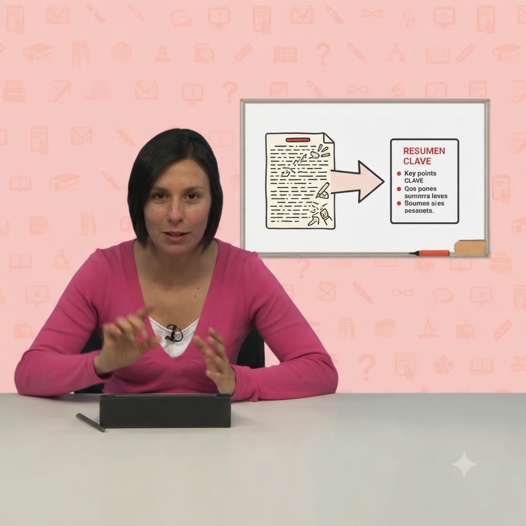 Imagen cuadrada que muestra una profesora frente a un escritorio frente a una pizarra. En la pizarra se ilustra un documento con líneas de texto y una flecha que apunta a un cuadro titulado "RESUMEN CLAVE". Estilo educativo y gráfico.