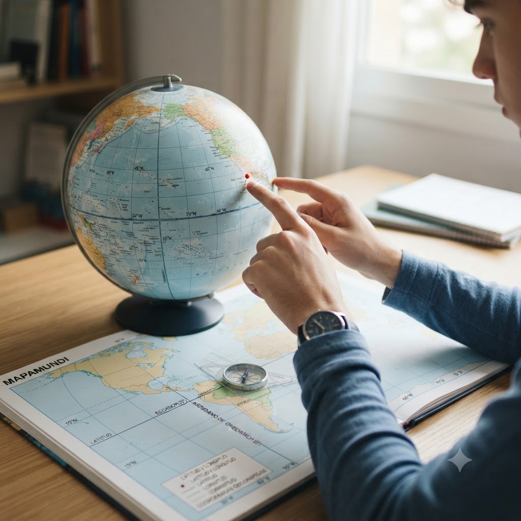 Primer plano cenital de un estudiante interactuando con un globo terráqueo y un mapa desplegado en un escritorio de madera. Su dedo índice señala una chincheta roja sobre una ubicación en el globo. Una brújula reposa en el centro del mapa. Al fondo, desenfocados, se aprecian una ventana y cuadernos. La escena transmite un ambiente de estudio.
