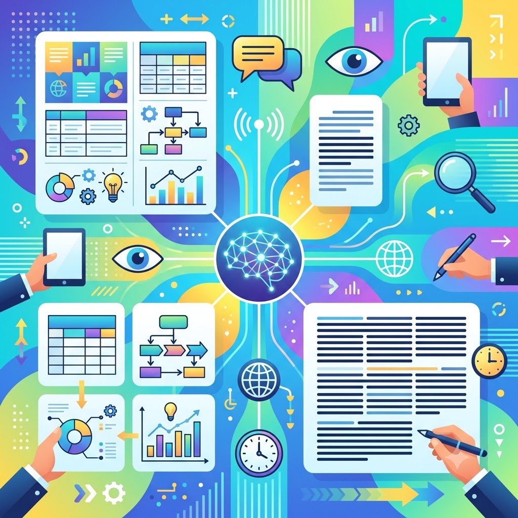 Ilustración sobre formatos de comunicación. Un cerebro central brillante se conecta mediante líneas a manos usando tablets, documentos con párrafos, gráficos estadísticos, diagramas de flujo, un ojo, una lupa y un reloj. Diseño digital colorido, con íconos variados y sin texto.