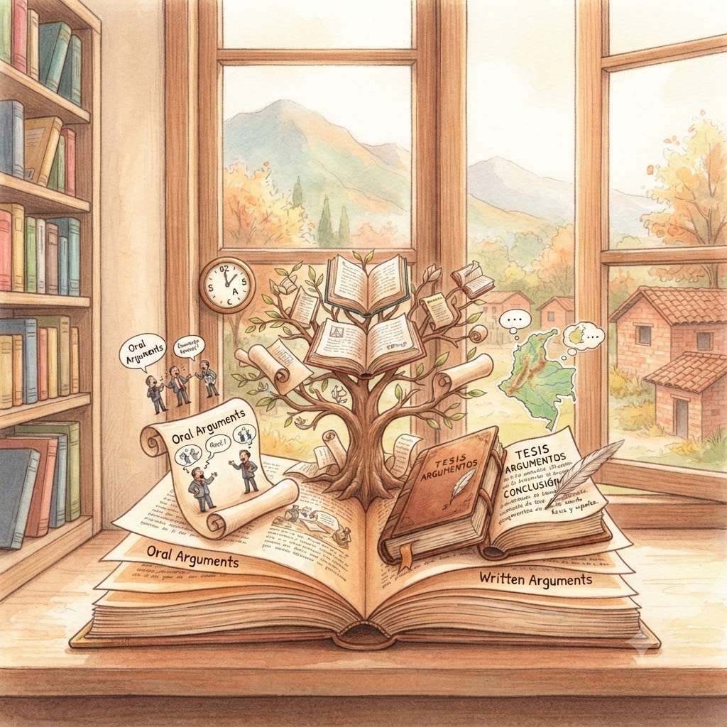 Imagen cuadrada de estilo acuarela. En el centro, un libro abierto del que surge un árbol con libros y pergaminos por ramas. A la izquierda, estanterías con libros y una pequeña escena de debate oral. A la derecha, una ventana con paisaje montañoso.