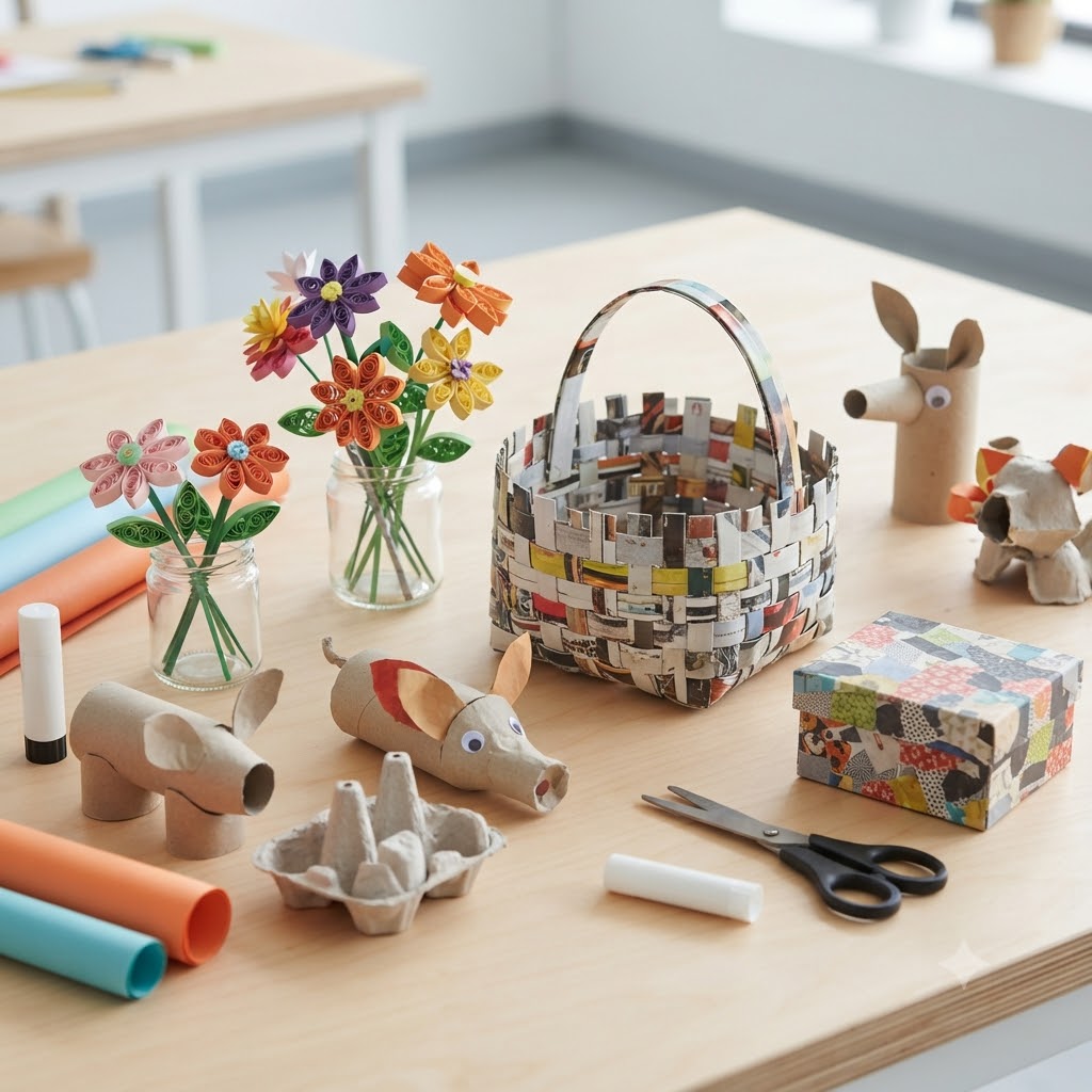 Imagen cuadrada que muestra una mesa de madera con manualidades de papel y material reciclable. Se observan flores de papel, una cesta tejida con tiras de papel, figuras de animales hechas con rollos de cartón, tijeras y pegamento.