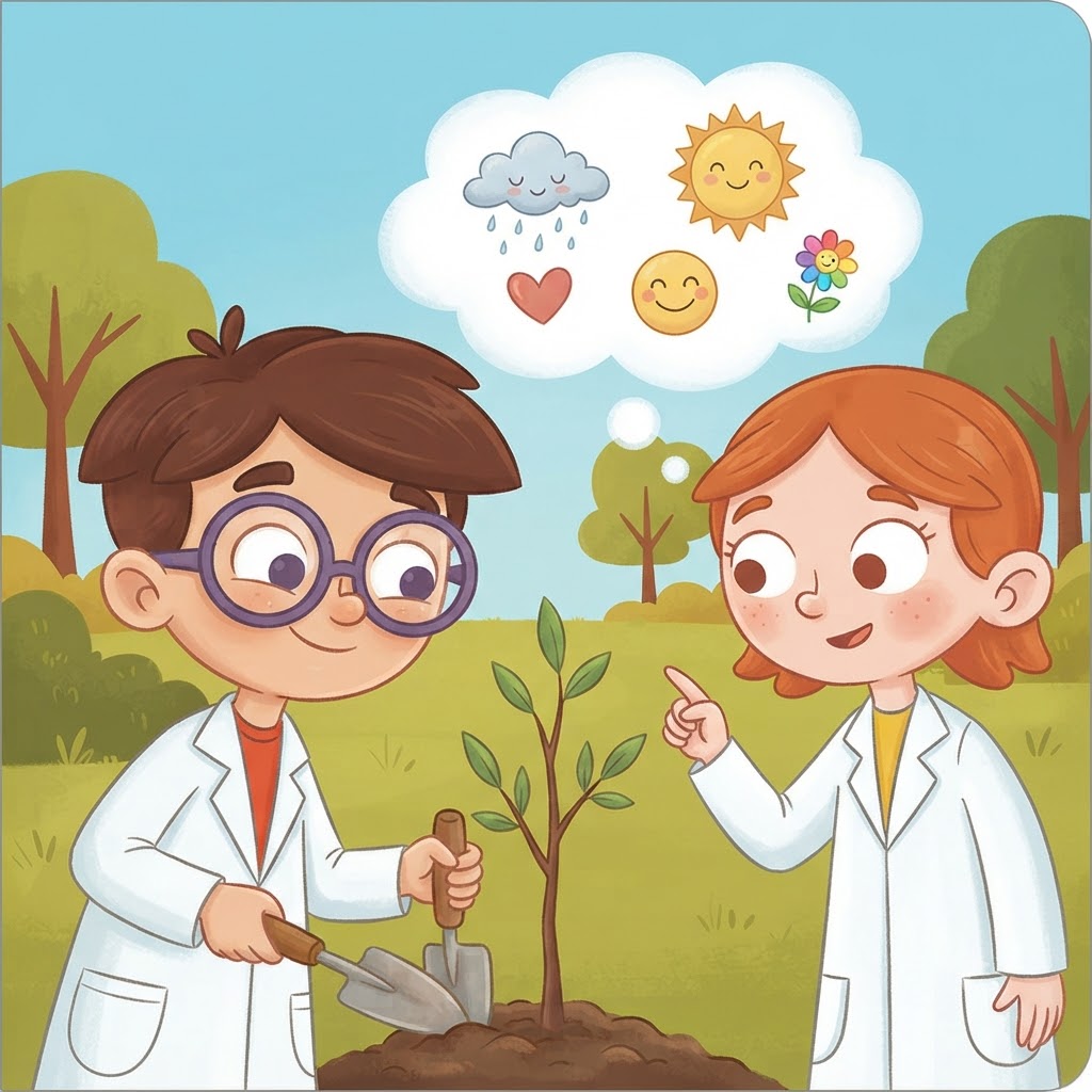 Ilustración infantil cuadrada con dos niños científicos en bata blanca cuidando un brote en el campo. A la izquierda, un niño con gafas y pala; a la derecha, una niña señalando una nube de pensamiento con iconos de clima, sol y emociones. Sin textos ni logos.