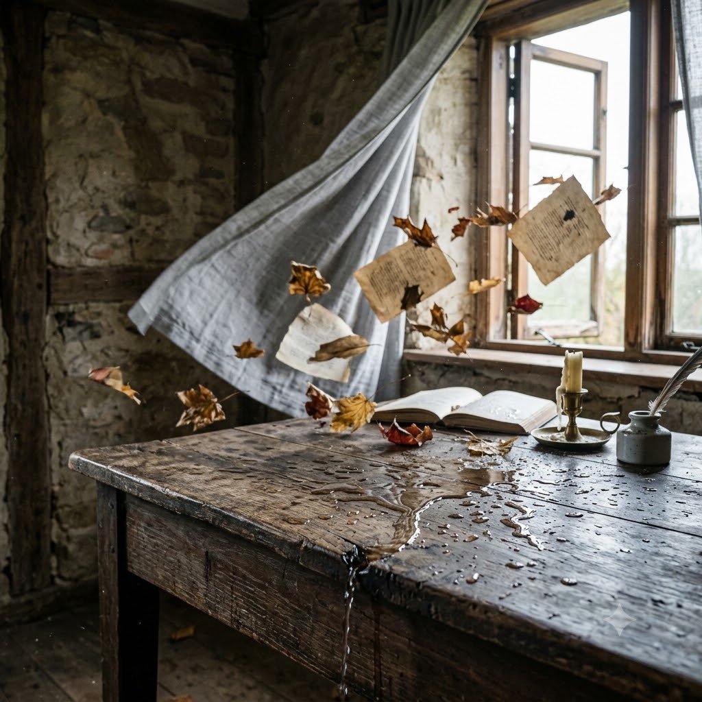 Fotografía de una mesa rústica con agua derramada simulando lágrimas. Una ventana abierta deja entrar viento que agita una cortina y hace volar hojas secas sobre un libro abierto, vela y tintero, representando la figura de personificación.
