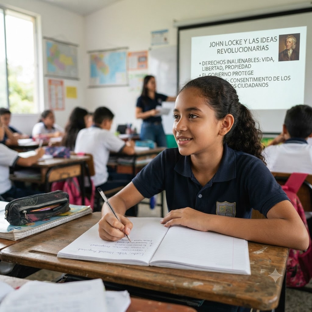 Aula escolar con estudiantes y profesora. En primer plano, una alumna con uniforme escolar sonríe mientras escribe en un cuaderno sobre su pupitre. Al fondo, una pantalla muestra una presentación sobre John Locke, con el texto visible en español y un retrato de John Locke. El ambiente es luminoso y educativo.