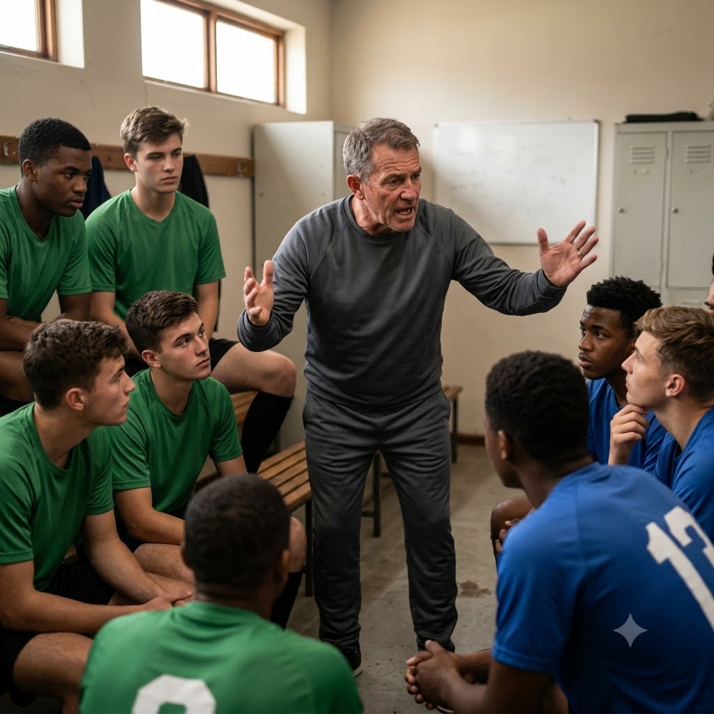 Fotografía de un entrenador de fútbol de pie en un vestuario, dando un discurso motivacional con gestos expresivos. A su alrededor, jóvenes jugadores con camisetas verdes y azules lo escuchan sentados muy atentamente. La escena transmite concentración, liderazgo y trabajo en equipo.