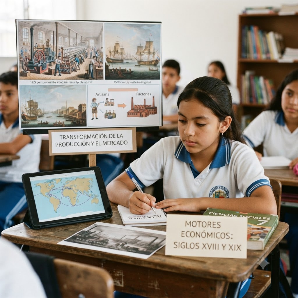 Una estudiante de uniforme escribe en su cuaderno en un aula. Frente a ella hay un cartel con ilustraciones de la Revolución Industrial (fábricas, barcos, un mapa) y el texto "Motores Económicos: Siglos XVIII y XIX" y "Transformación de la Producción y el Mercado". Un tablet muestra un mapa de rutas comerciales. Libro "Ciencias Sociales 7" visible.