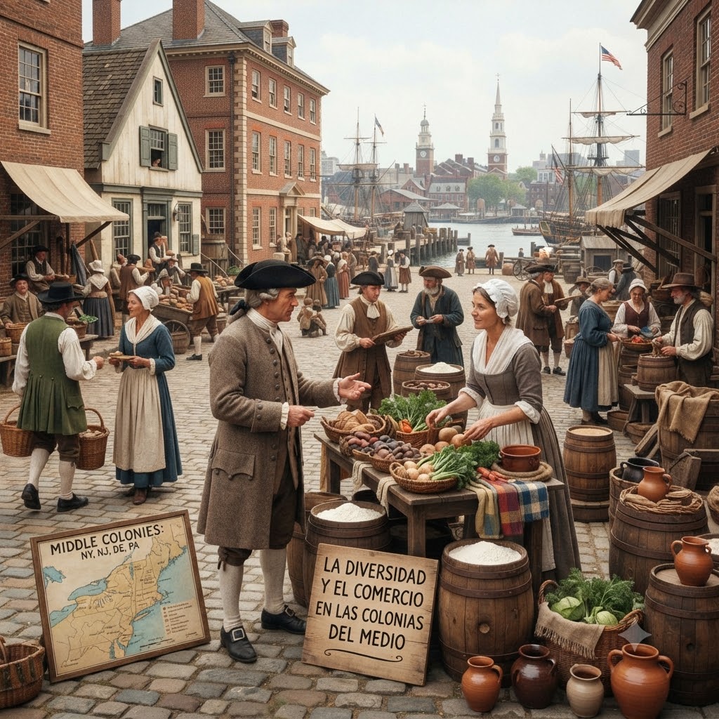 Recreación histórica de mercado callejero en las Colonias del Medio. Un comerciante y una vendedora interactúan frente a puestos de alimentos y barriles. Al fondo, un puerto con barcos y edificios de época. Incluye dos carteles: uno con el mapa y el título "Middle Colonies" y otro con texto en español sobre la diversidad y el comercio. Escena diurna y concurrida.
