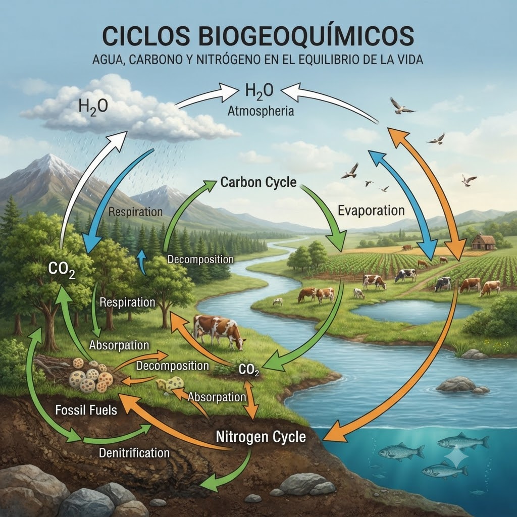 Diagrama de ciclos biogeoquímicos: agua, carbono y nitrógeno. Muestra un paisaje con montaña, bosque y río. Flechas de colores indican flujos: blanco/azul para agua, verde para carbono y naranja para nitrógeno. Incluye etiquetas de texto y animales.