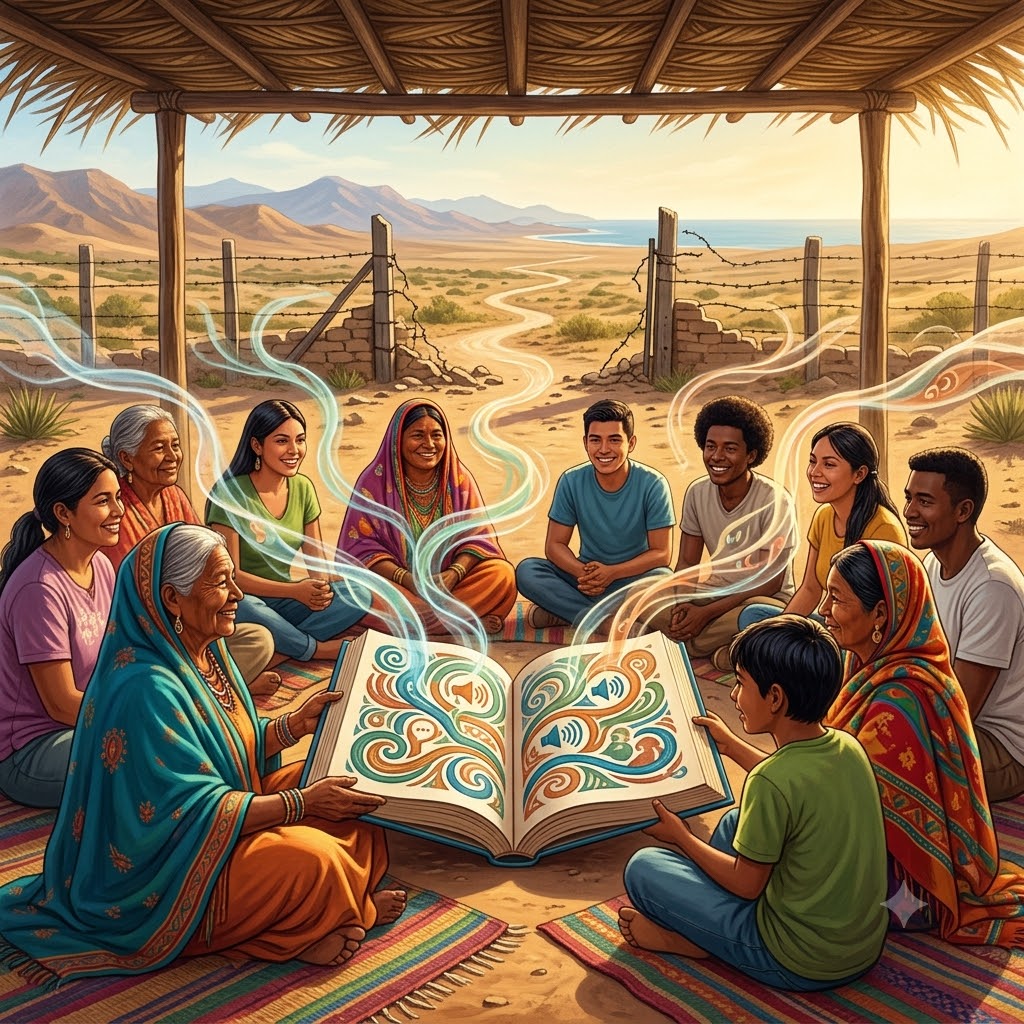 Ilustración de un grupo diverso de personas sentadas en círculo bajo un techo rústico en un desierto. En el centro, una mujer mayor lee un gran libro abierto del que brotan coloridas ondas mágicas y símbolos de sonido que conectan a todos los presentes, simbolizando la comunicación.