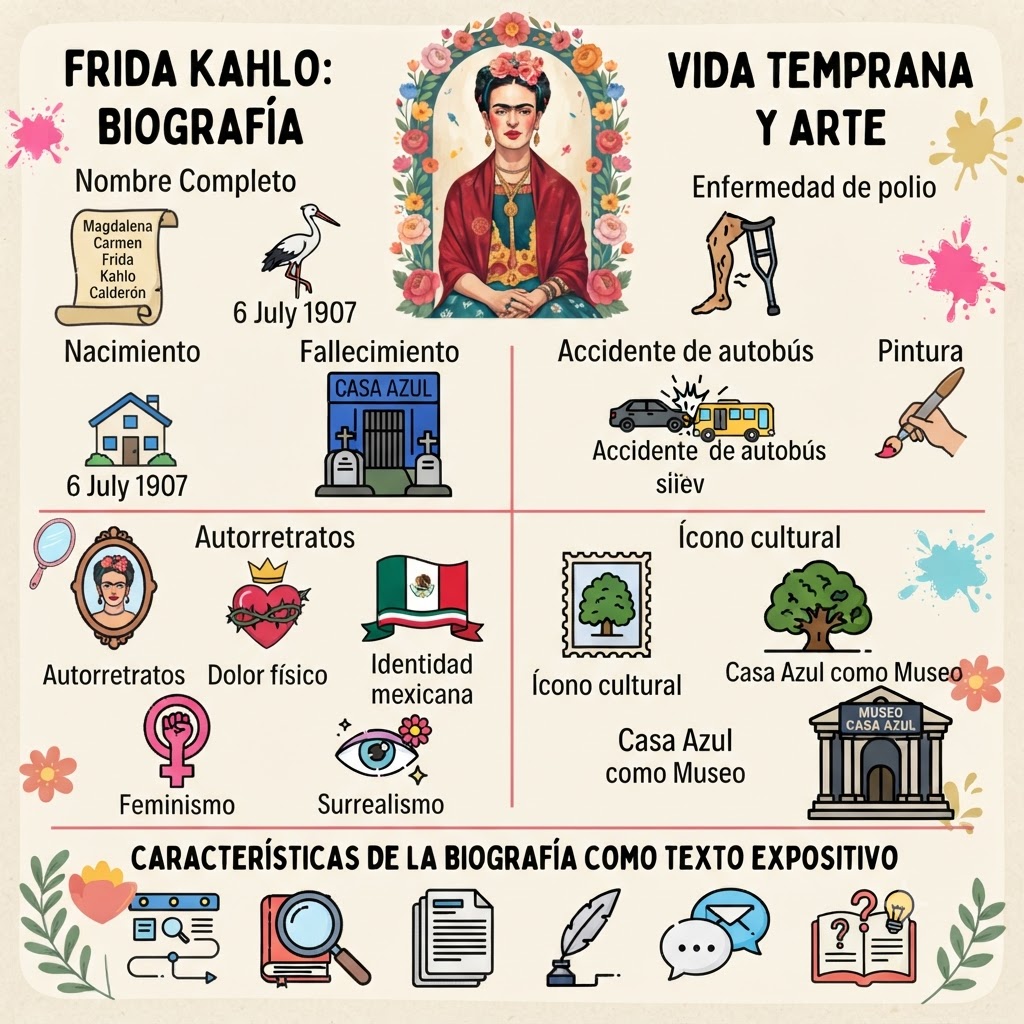 Imagen cuadrada y colorida que ilustra una biografía artística de Frida Kahlo. Al centro, retrato estilo pintura de Frida rodeado de flores. Contiene iconos alusivos a su vida, como paleta de pintura, autobús y autorretratos, además de elementos de textos expositivos.