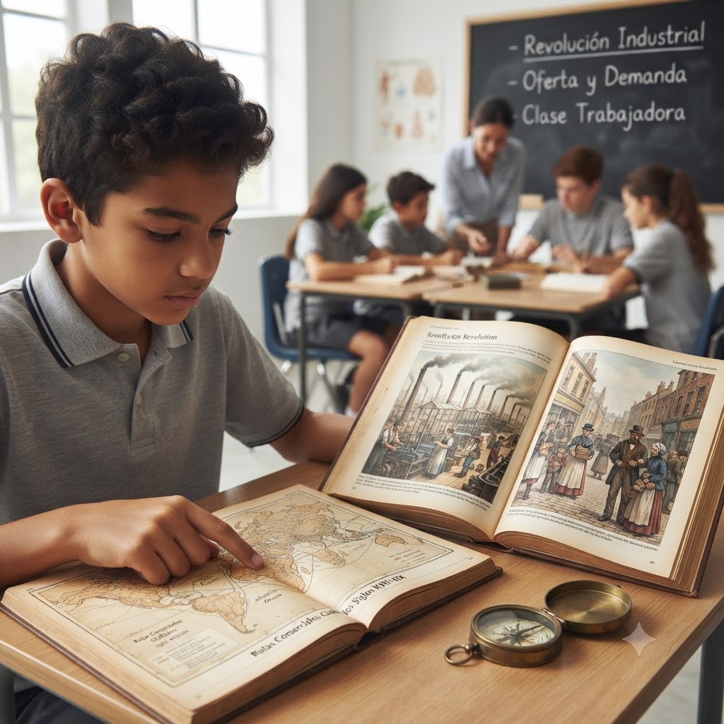 En primer plano, un estudiante de secundaria examina un mapa antiguo en un libro abierto. Junto a él, otro libro muestra ilustraciones de la Revolución Industrial (fábricas y trabajadores) y una brújula. Al fondo, otros alumnos y una profesora en una clase. La pizarra resume los temas: Revolución Industrial, Oferta y Demanda, Clase Trabajadora.