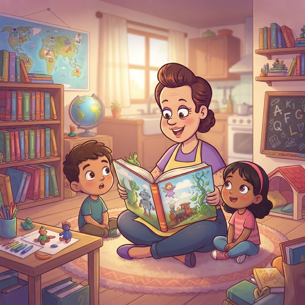 Imagen cuadrada de estilo animado y educativo. Muestra a una profesora sentada en una alfombra rodeada por dos niños y un libro abierto. Alrededor hay estantes con libros, un mapa mundial, un globo terráqueo y juguetes.