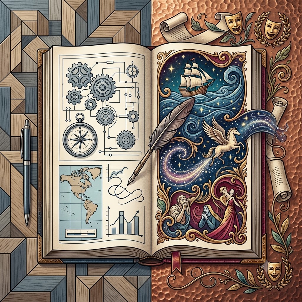 Libro abierto dividido por una pluma. La página izquierda contiene dibujos técnicos: engranajes, mapa, brújula y gráficos. La derecha ilustra arte y literatura: un barco, un pegaso, estrellas y figuras teatrales. El fondo contrasta patrones geométricos con adornos clásicos.