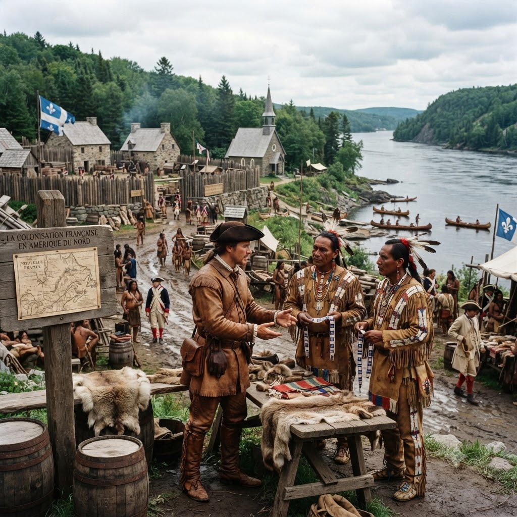 Recreación histórica de un asentamiento de Nueva Francia. En primer plano, un comerciante de pieles francés habla con dos líderes nativos americanos junto a barriles y mercancías. Al fondo, un fuerte de madera, edificios de piedra, una iglesia y el río San Lorenzo con canoas. Banderas francesas visibles. Estilo fotorrealista.
