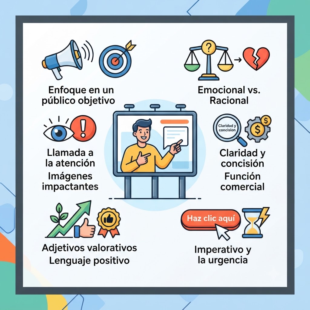 Imagen cuadrada de estilo ilustrativo con iconos sobre lenguaje publicitario. Incluye un megáfono, una diana, balanzas, un gráfico con flecha ascendente y un tablero con una persona explicando, todo en tonos limpios y organizados.