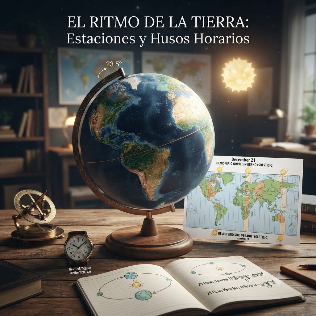 Escritorio de estudio con un globo terráqueo inclinado a 23.5°, iluminado por un sol brillante. Incluye un mapa de husos horarios para el solsticio de diciembre, un reloj de sol, un reloj análogo y un cuaderno abierto con diagramas de la órbita terrestre. Texto superior: "EL RITMO DE LA TIERRA".