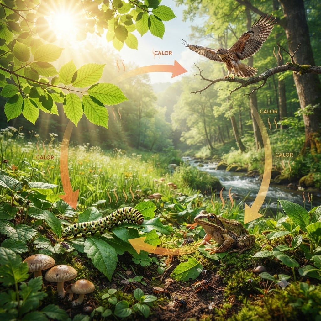 Diagrama realista del flujo de energía en un ecosistema. Muestra un ciclo con sol, hojas, oruga, rana y halcón. Flechas indican transferencia de energía y etiquetas "CALOR" muestran la disipación térmica. Incluye hongos y río en bosque soleado.