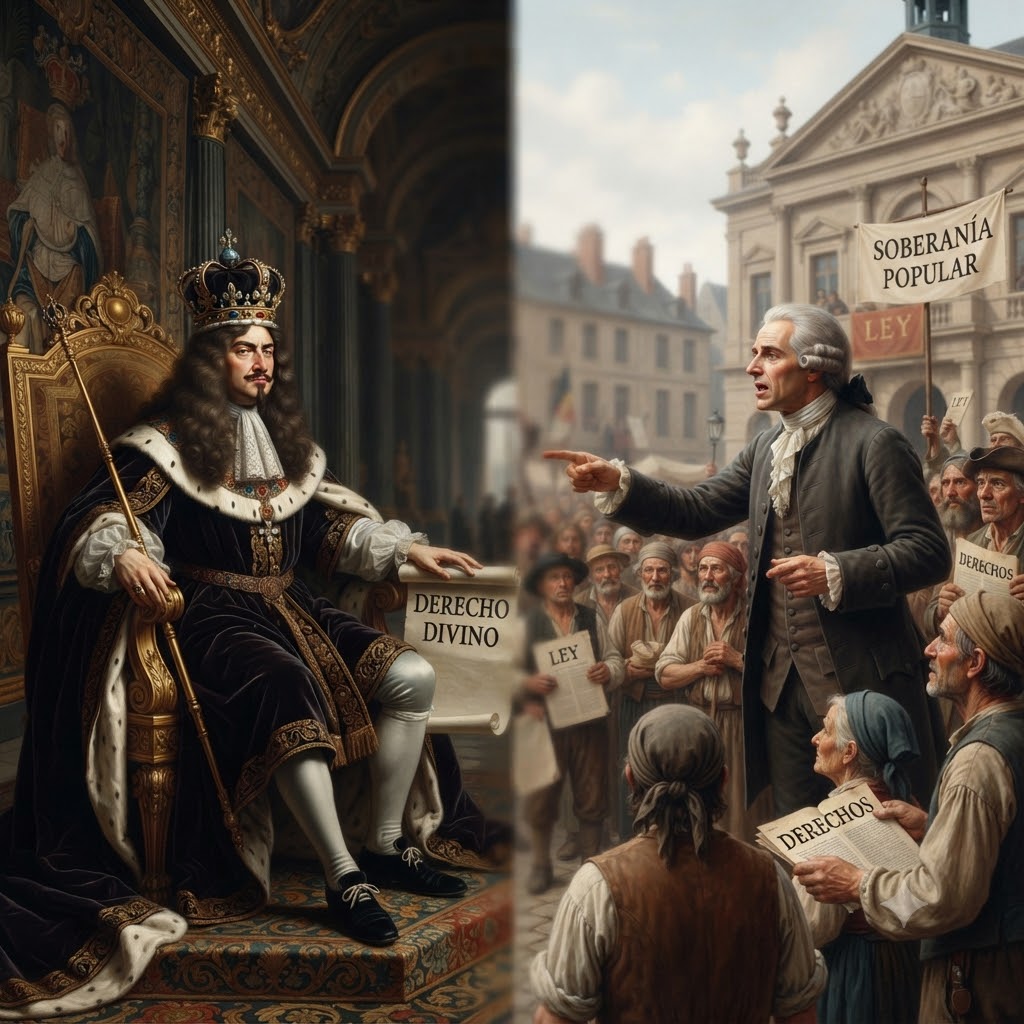 Imagen dividida. Izquierda: Un rey sentado en su trono con corona y cetro; sostiene un pergamino que dice "DERECHO DIVINO". Derecha: Un orador ilustrado dirigiéndose a una multitud en una plaza; portan pancartas con "SOBERANÍA POPULAR" y documentos con "LEY" y "DERECHOS".