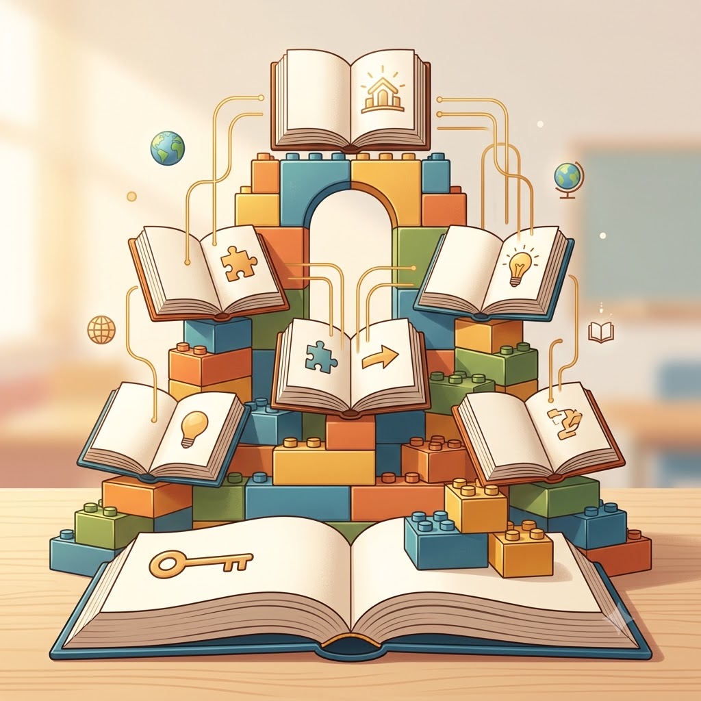 Ilustración conceptual cuadrada sobre educación y textos. Muestra una gran estructura geométrica de bloques de colores con múltiples libros abiertos conectados por líneas y símbolos como bombillas y llaves.