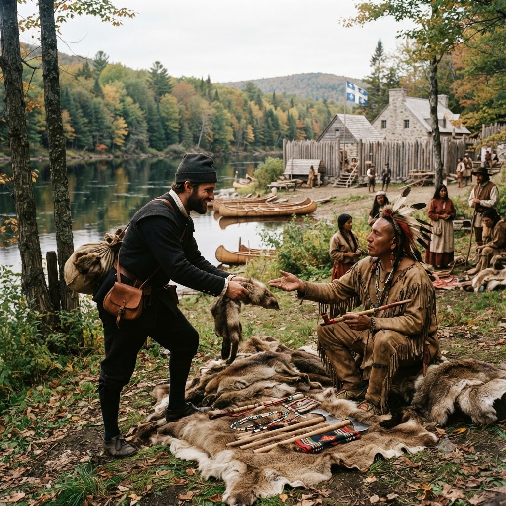 Recreación realista del comercio de pieles en Nueva Francia. Un coureur des bois francés y un jefe indígena con atuendo tradicional y tocado negocian junto a una piel de animal. Al fondo, un asentamiento fortificado, canoas de corteza y hojas otoñales. Bandera con flor de lis visible.