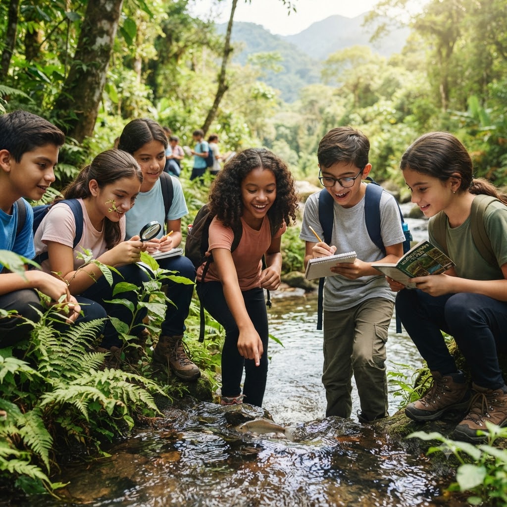 Cinco niños con mochilas y ropa de campo observan y anotan datos sobre un arroyo en un bosque frondoso. Una niña señala un pez en el agua, otra usa una lupa y un niño escribe en un cuaderno. Al fondo, otros niños participan en la misma actividad.