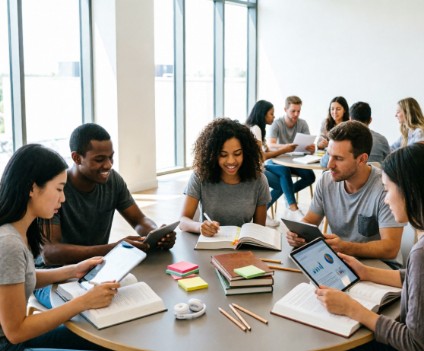 Grupo diverso de jóvenes estudiando alrededor de una mesa redonda en una sala luminosa. Algunos toman notas en cuadernos y otros usan tabletas digitales con gráficos. Al fondo hay ventanales y una pizarra.
