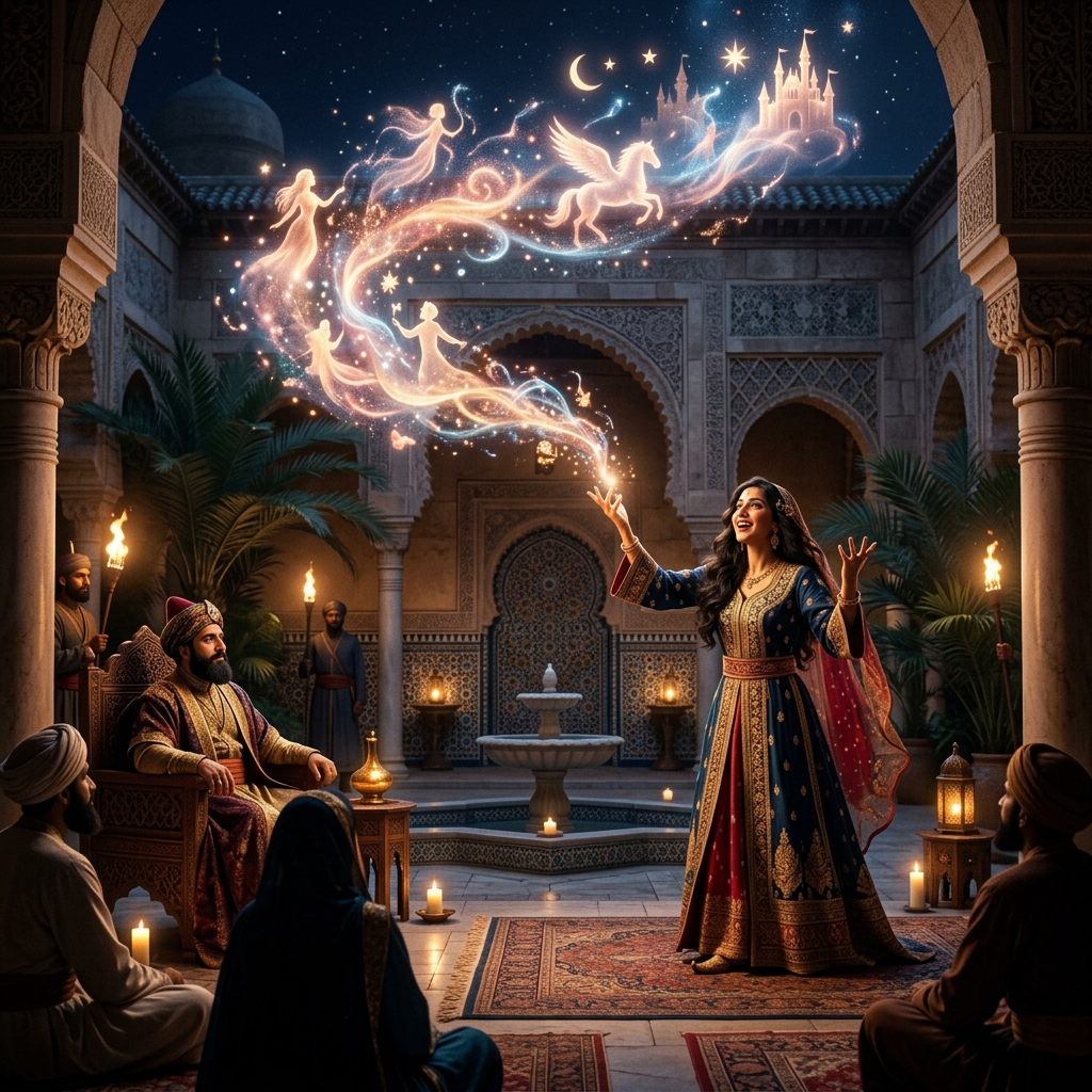Sherezada narra apasionadamente de noche en un palacio árabe. De sus manos brotan destellos mágicos dorados y humo místico. Vestido elegante, joyas finas. Luz cálida de velas y luna llena iluminando la arquitectura de arcos tallados.