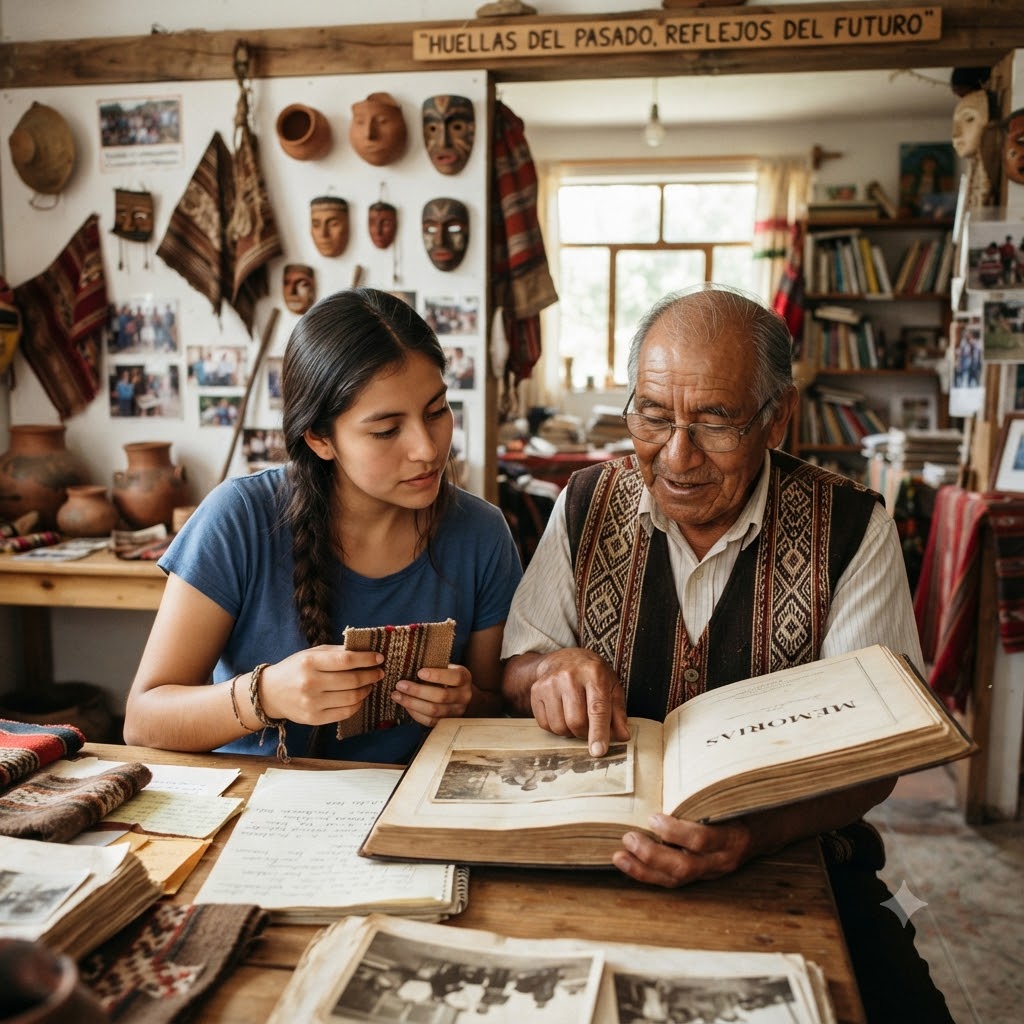 Un anciano indígena con chaleco tejido muestra un álbum de fotos titulado "MEMORIAS" a una joven. Están en una habitación decorada con artesanías, máscaras y textiles andinos. Sobre la puerta se lee "HUELLAS DEL PASADO, REFLEJOS DEL FUTURO". La escena transmite transmisión cultural intergeneracional.