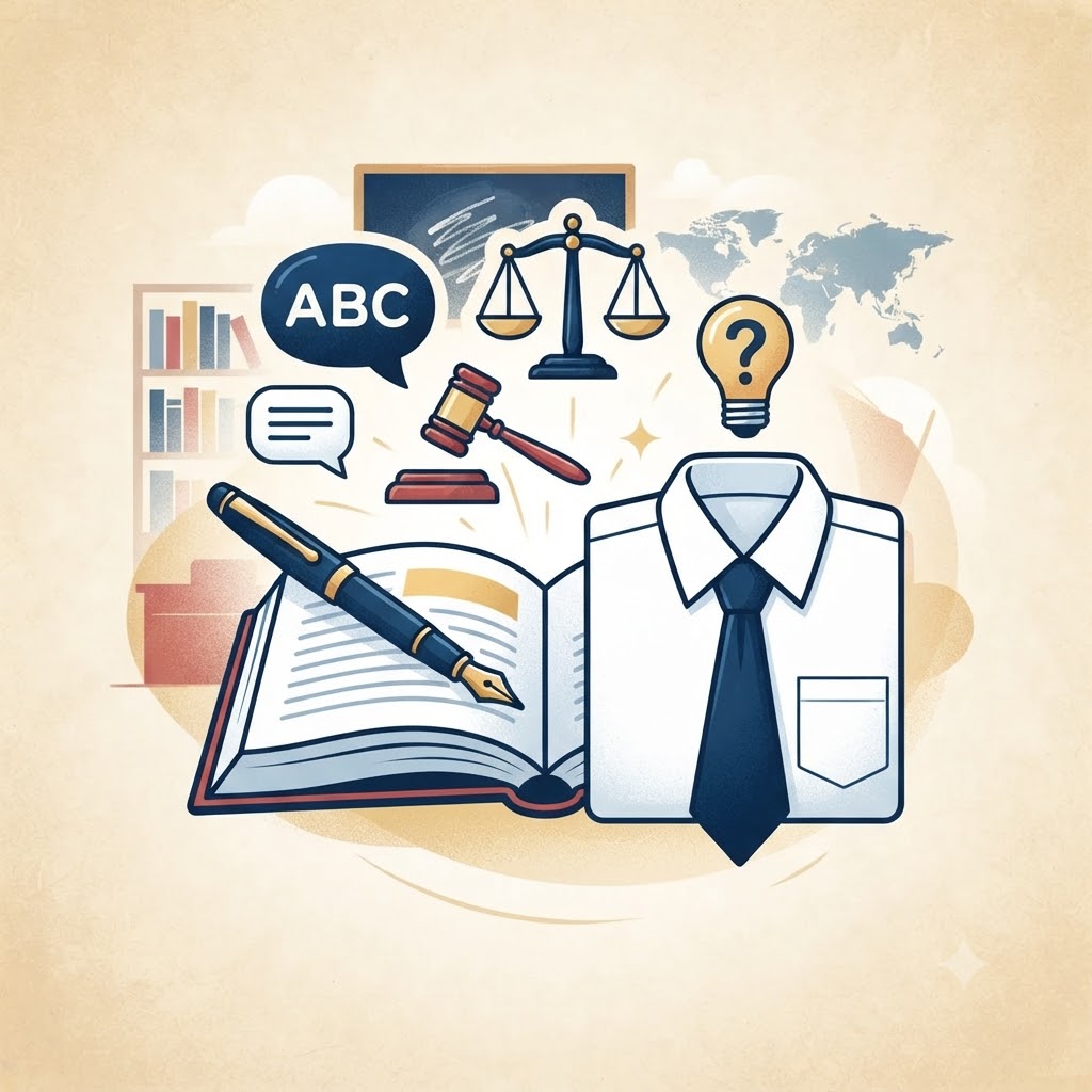 Ilustración cuadrada de estilo educativo sobre escritorio con libro abierto y pluma estilográfica junto a camisa formal con corbata. Al fondo, elementos de aprendizaje como balanza de justicia, bombilla y mapa mundial. Tonalidades beige y azul.