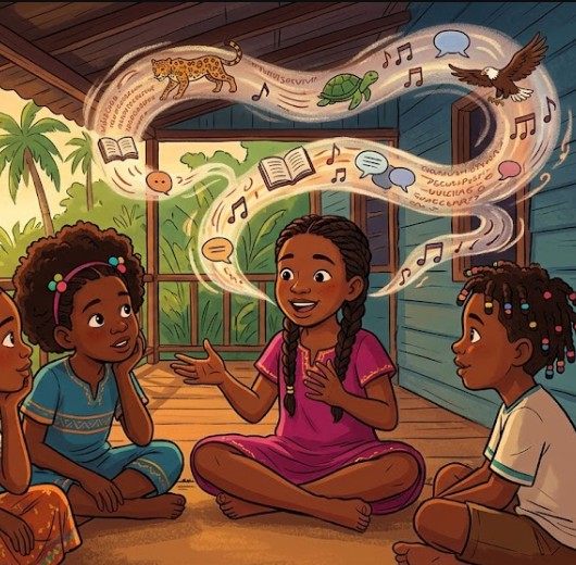 Ilustración animada de cuatro niños afrocolombianos sentados en círculo en un porche tropical. Una niña habla y de su boca sale una estela mágica con libros, notas musicales, burbujas de diálogo y animales (jaguar, tortuga, águila), simbolizando el lenguaje y la tradición oral.