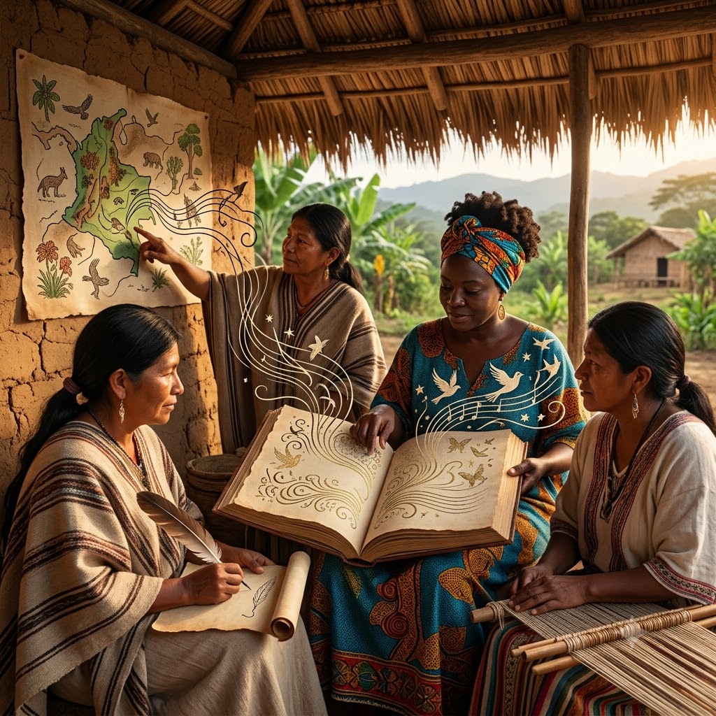 Cuatro mujeres de diversas culturas en un espacio rural. Una señala un mapa, otra escribe con pluma y otra teje en un telar. En el centro, una mujer sostiene un gran libro mágico del que brotan líneas doradas, aves y estrellas, simbolizando la poesía lírica y la educación.