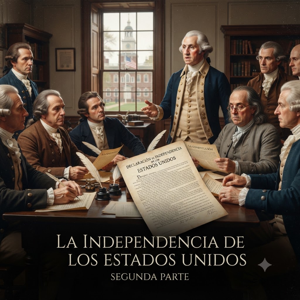 Ilustración histórica realista: Padres Fundadores alrededor de una mesa con documentos. Al centro, George Washington de pie y Benjamin Franklin sentado sosteniendo la Constitución. Fondo: Independence Hall. Texto en español: "LA INDEPENDENCIA DE LOS ESTADOS UNIDOS" y "SEGUNDA PARTE".