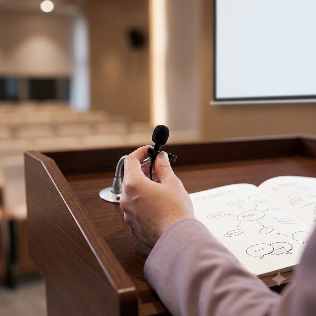 Mano sosteniendo un micrófono sobre un atril de madera. Junto a él, un cuaderno abierto muestra un mapa mental y burbujas de diálogo dibujadas. De fondo, desenfocados, asientos de auditorio y una pantalla de proyección. Escena de preparación para hablar.
