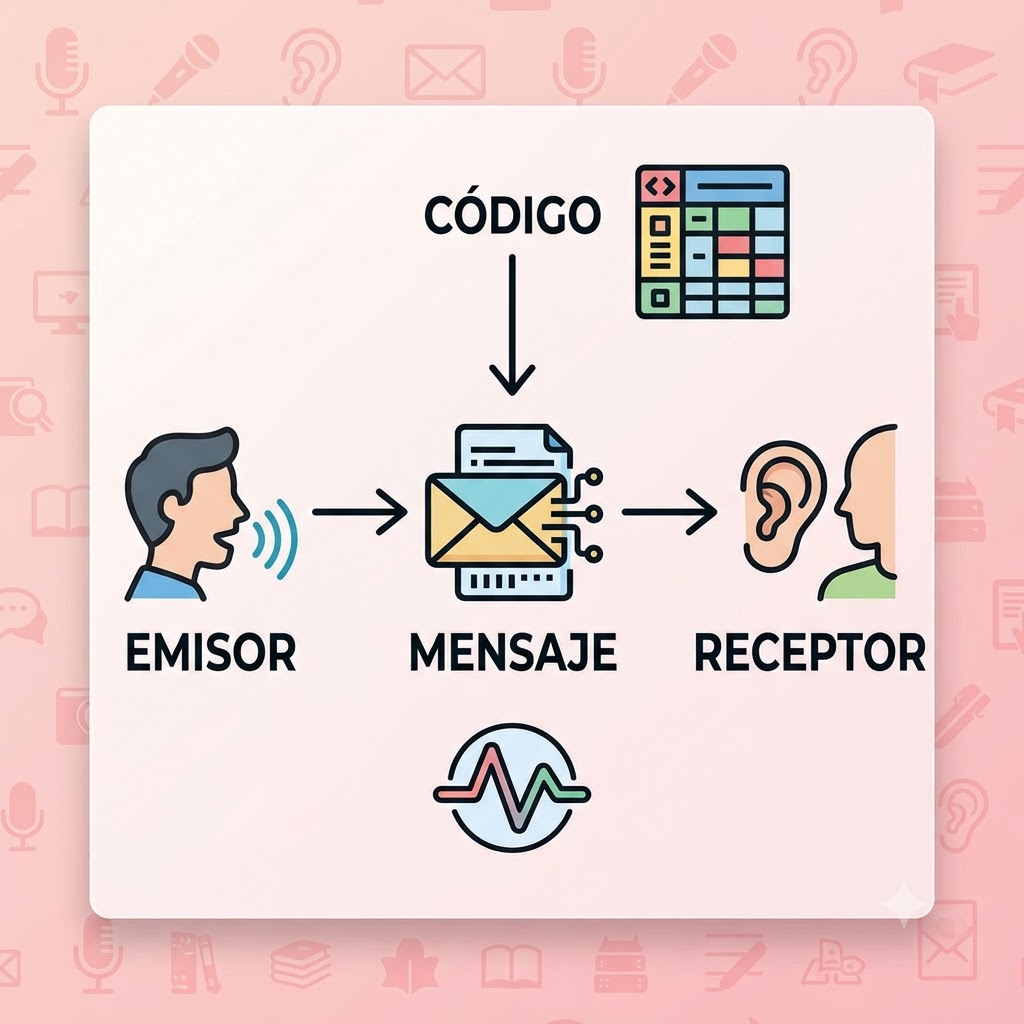 Esquema del proceso de comunicación. De izquierda a derecha: un «Emisor» (persona hablando) envía un «Mensaje» (icono de sobre) al «Receptor» (una oreja). Arriba del mensaje se señala el «Código» (rejilla) y abajo el «Canal» (ondas). Las flechas muestran el flujo de la información.