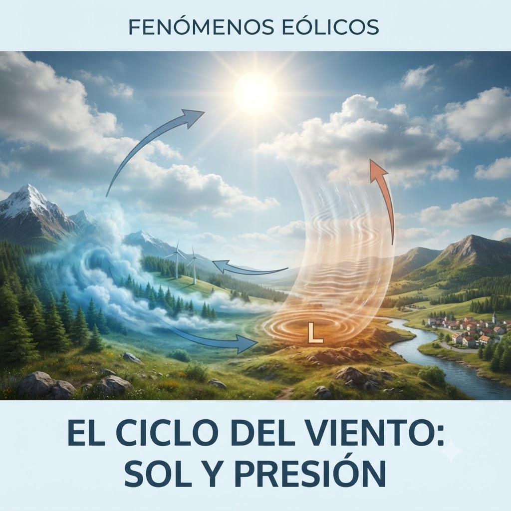 Ilustración de Fenómenos Eólicos. Muestra un paisaje de montaña y valle con aerogeneradores y un río. Un sol brillante genera un ciclo convectivo: aire frío (flechas azules) baja y se mueve hacia la zona de baja presión (L) creada por aire cálido ascendente (flechas naranjas). Texto: FENÓMENOS EÓLICOS y EL CICLO DEL VIENTO: SOL Y PRESIÓN.