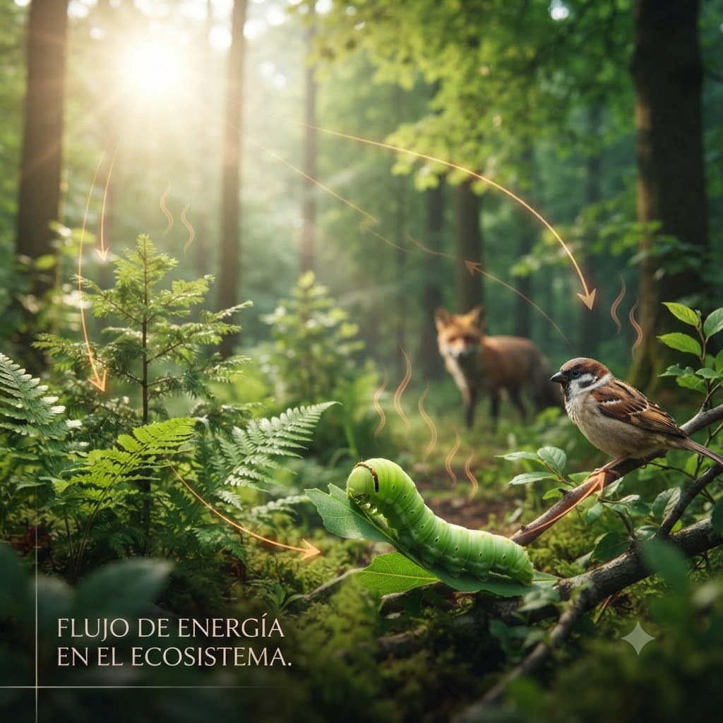 Ilustración educativa del flujo de energía: un sol en un bosque ilumina helechos, una oruga comiendo, un gorrión y un zorro. Flechas muestran la transferencia de energía entre ellos y la disipación de calor en forma de ondas. Texto: FLUJO DE ENERGÍA EN EL ECOSISTEMA.