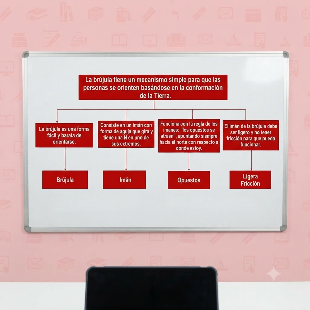 Fotografía horizontal: pizarra blanca con un organizador gráfico en recuadros rojos sobre la brújula y la Tierra, situada frente a un fondo rosa con iconos y un soporte multimedia inferior.