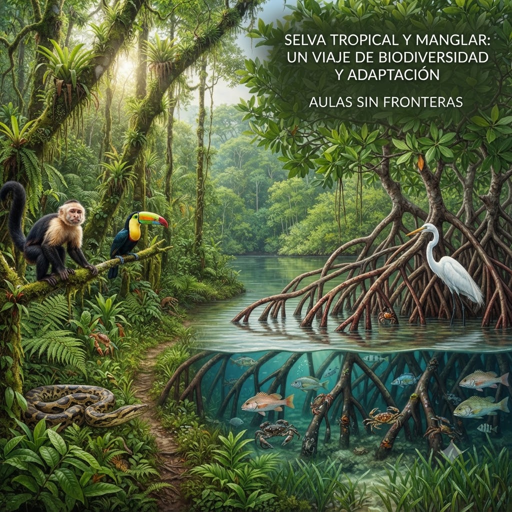Imagen que ilustra la selva tropical y el manglar. A la izquierda, sobre un sendero, hay un mono capuchino y una serpiente; un tucán está en una rama. El centro muestra un río. A la derecha, raíces de mangle con una garza blanca. Bajo el agua, peces y cangrejos. Arriba, el título "SELVA TROPICAL Y MANGLAR... AULAS SIN FRONTERAS".