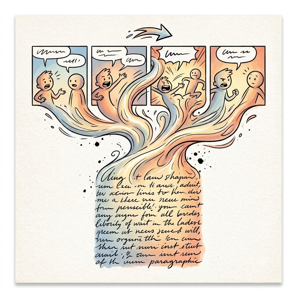Ilustración: cuatro viñetas de cómic en la parte superior con personajes y globos de texto vacíos. De ellas fluyen líneas onduladas y coloridas que descienden y se fusionan para formar un bloque de texto manuscrito en la base. Muestra cómo una historia gráfica se convierte en un párrafo.