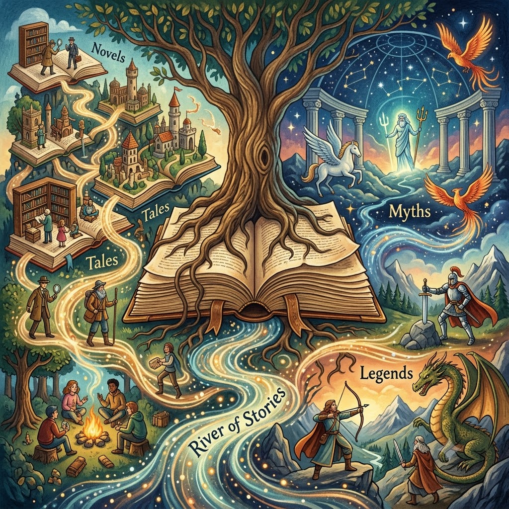 Árbol mágico naciendo de un libro abierto. Un río brota de sus páginas. Lo rodean 4 escenas: castillos sobre libros (novelas), personas en una fogata (cuentos), dioses y Pegaso (mitos), y un caballero, un arquero y un dragón (leyendas). Ilustración colorida.