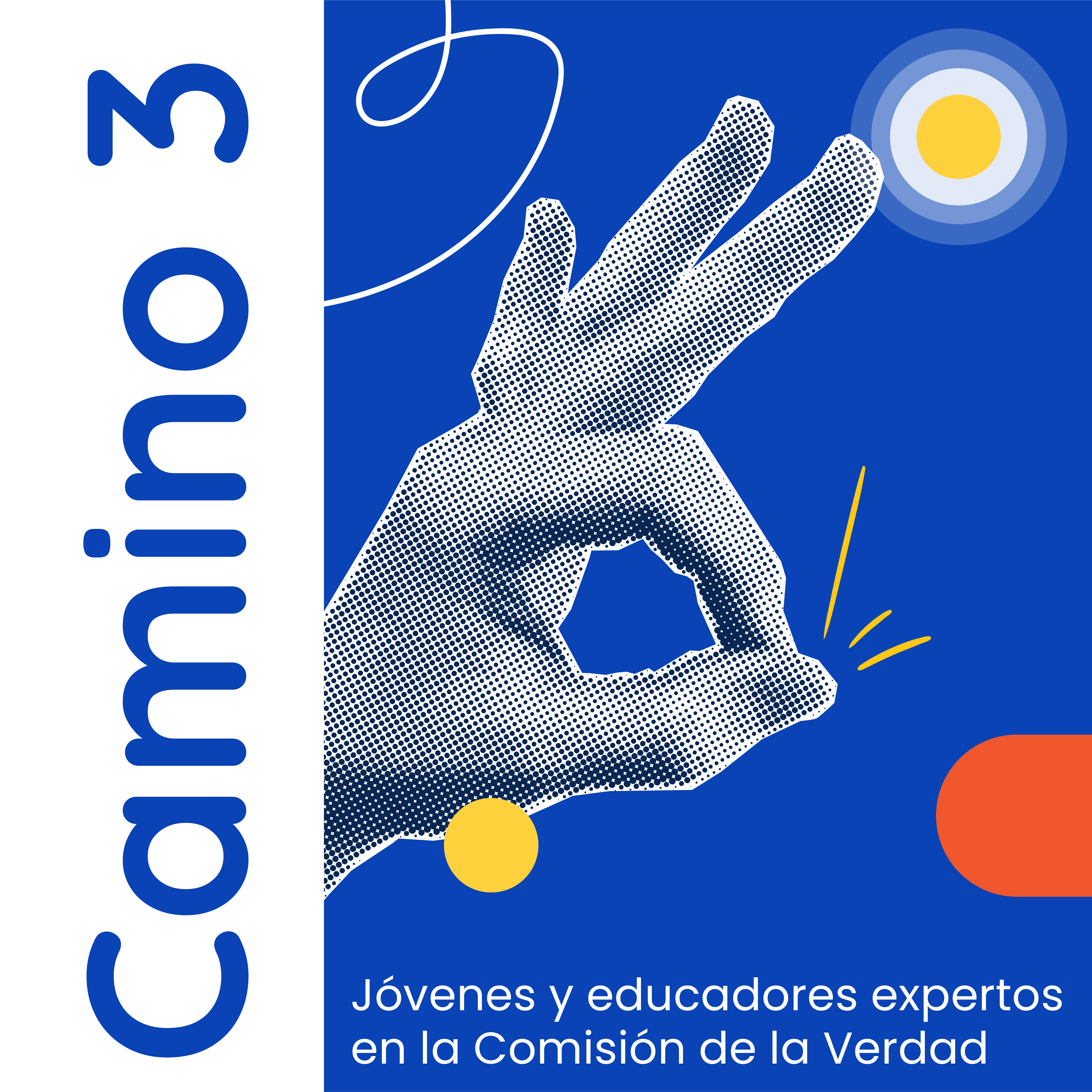 Fondo blanco con título alineado a la izquierda con rotación de 90 grados y la inscripción "Camino 3". A la derecha en fondo azul resalta la ilustración de una mano haciendo el símbolo de "Ok" con los dedos índice y pulgar formando una "o" y los demás dedos extendidos.