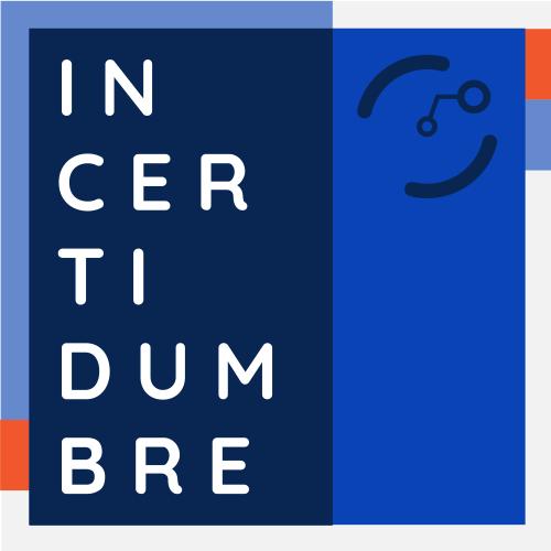 Imagen cuadrada con fondo en tonos azules. A la izquierda, un bloque azul oscuro muestra la palabra INCERTIDUMBRE en letras blancas mayúsculas. A la derecha, sobre azul más claro, hay un ícono abstracto formado por líneas curvas y puntos. Pequeños detalles color rojo sobresalen en los bordes.