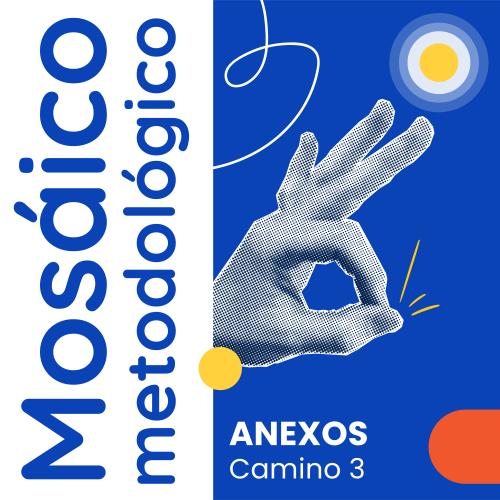 Fondo blanco con título alineado a la izquierda con rotación de 90 grados y la inscripción "Mosaico Metodológico". A la derecha en fondo azul resalta la ilustración de una mano haciendo el símbolo de "Ok" con los dedos índice y pulgar formando una "o" y los demás dedos extendidos.